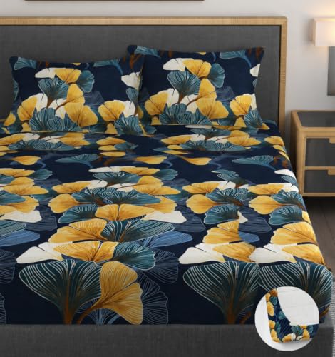 Image of Vaini Premium Heavy Cotton Elastic Fitted Bedsheets with 2 King Size Pillow Covers || Double Bed with All Around Elastic 350 (Green Mushroom, 72x78 Inch King Fitted)