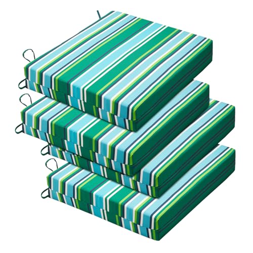 Image of Basic Beyond Outdoor Chair Cushions Set of 4, Square Corner Outdoor Cushions for Patio Furniture, Water Resistant Patio Chair Cushions with 2 Ties, 18.5x16x3, Pinstriped Green