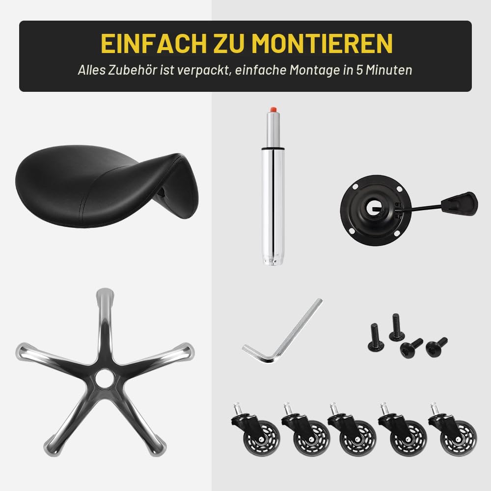 WKWKER Heavy Duty Rollhocker mit Rädern Hydraulischer Drehgelenk Verstellbarer Rollhocker Ergonomisch Dickes Leder Sitzhocker Stuhl für Küche Zeichnen Labor Büro Salon Nachricht Hocker - Schwarz