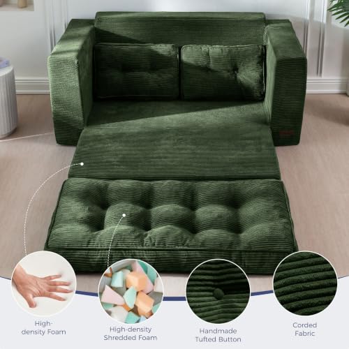 Image of MAXYOYO Convertible Sofa Bed, Pull Out Loveseat Sofa Couch, 2 in 1 Folding Couch Bed, Fold Out Floor Couch with Pillows for Living Room Bedroom Lounge, Dark Green