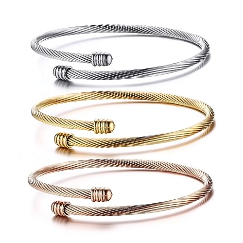 HUANIAN Stainless Steel Triple 3 Stackable Cable Wire Twisted Cuff Bangle Bracelet for Women, Gold/rose/silver