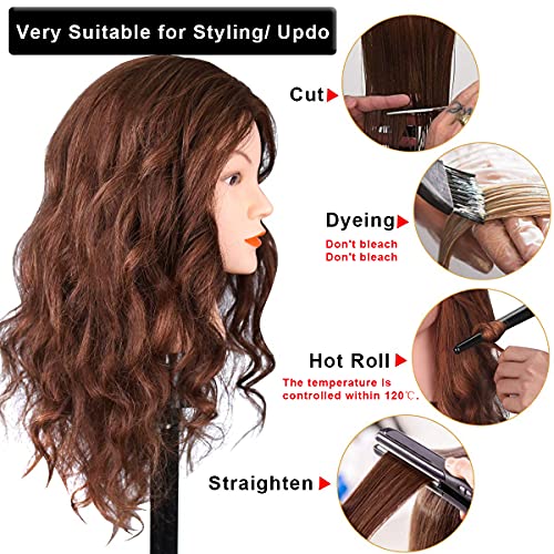 18'' Mannequin Head with 100% Human Hair, Cosmetology Mannequin Head Real Hair Hairdressing Practice Training Heads Hair Styling with Clamp Holder and Tools, Dark Brown