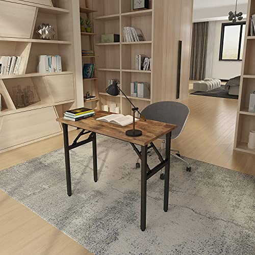 Image of Need Small Computer Desk 31.5 Inch Folding Home Office Table Retro | Black Frame Writing Gaming Work Table /Sturdy Foldable Study Table for Small Space /Dormitory, No Assembly Required