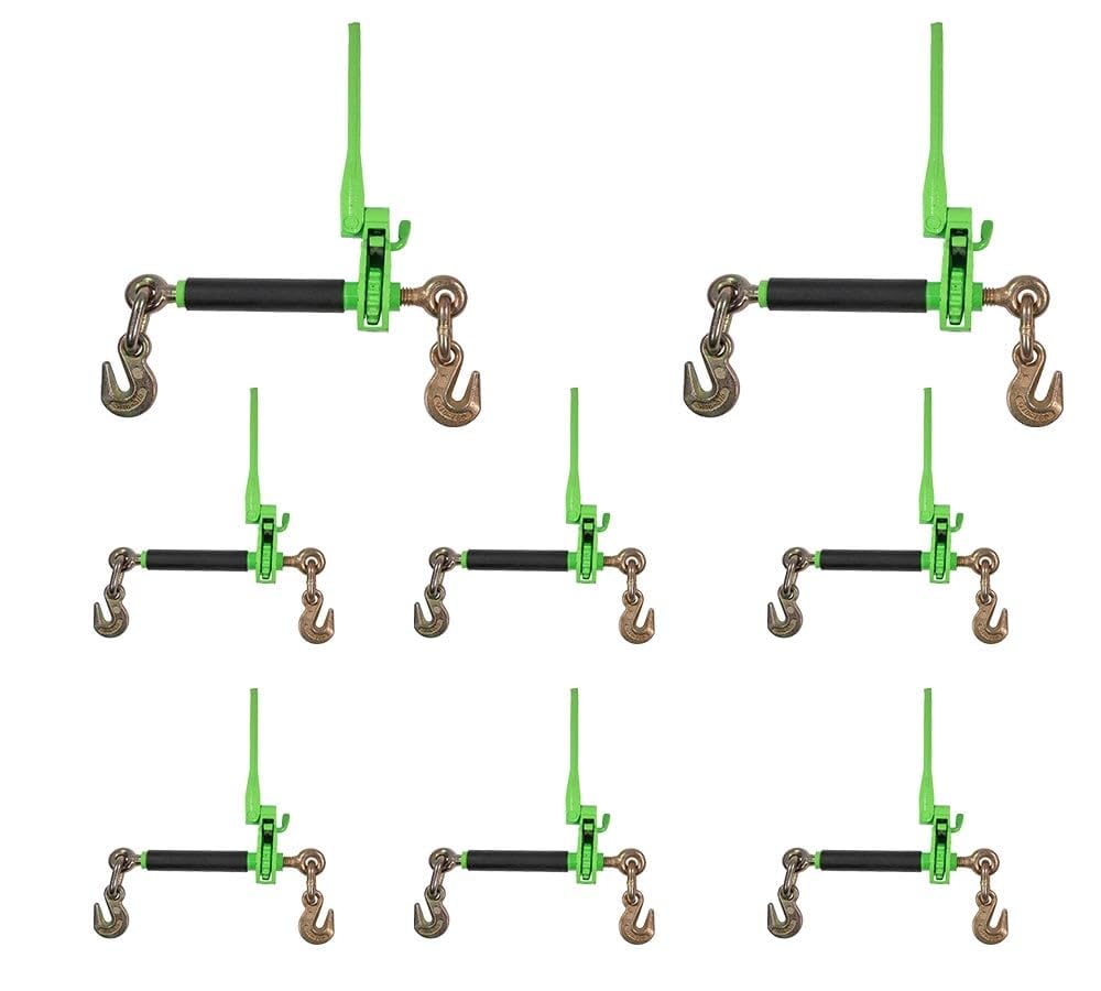Mytee Products 8 Pack 5/16" - 3/8" Hi-Viz Green Heavy Duty Folding Handle Ratchet Load Binder w/Grab Hook 7,100 lbs WLL | Tie Down Hauling Chain Binders for Flatbed Truck Trailer