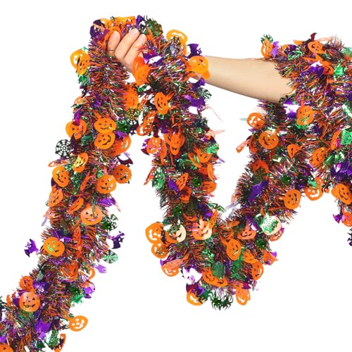 50 Ft Halloween Tinsel Garlands Funny Pumpkin Bats Spider and Web Shiny Metallic Twist Foil Tinsel Garland Hanging Holiday Decorations for Home Indoor Outdoor Festivities Party Decor