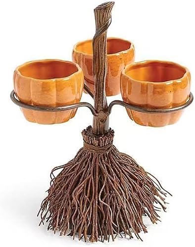 LIANGLIDE Cuenco de calabaza de Halloween para aperitivos, bandeja plegable para fiesta de Halloween, cuencos de calabaza de resina en escoba para