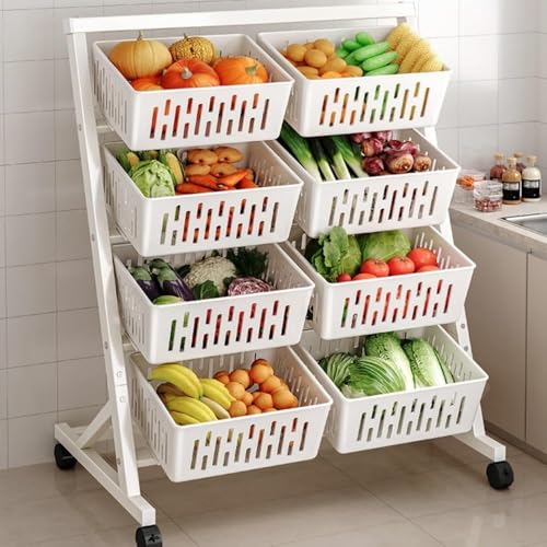 zktoermn Carrito De Almacenamiento con Cestas De Cocina, Carrito con Ruedas De 4 Niveles, Frutero Metálico, Organizador Multiusos con Asa, Expositor para Frutas Y Verduras(Blanco)