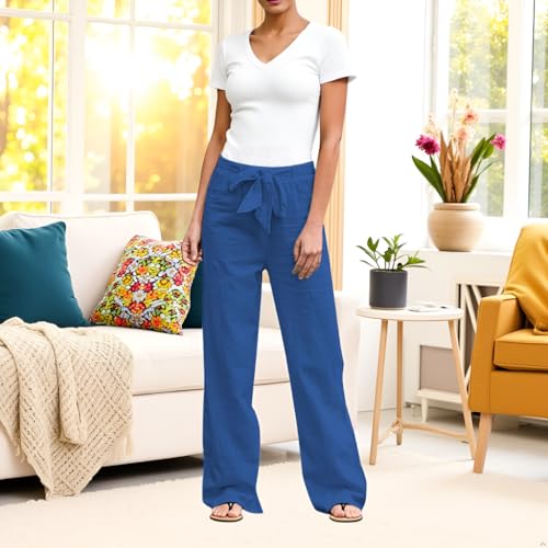 Linen Pants Women Summer Cotton Linen Lounge Pants Casual Strappy Elastic Plus Size Tie Front Trousers with Pockets4