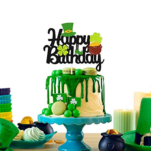St Patrick’s Day Birthday Cake Topper Lucky St Paddy’s Day Four Leaf Clover Shamrock Irish Themed Cake Smash Decorations For Happy Birthday 1St 2Nd Bday Black Party Supplies #TOP3