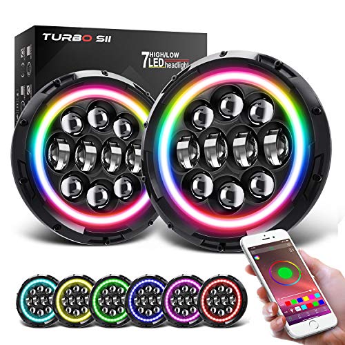 TURBO SII 7inch RGB Halo LED Headlights Bluetooth Remote Color Changing DRL Amber