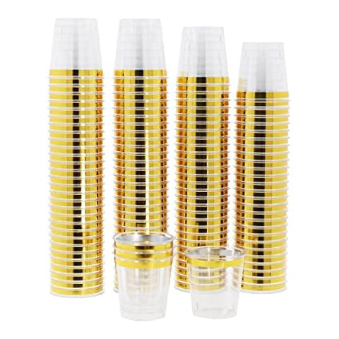 Mandala Crafts 120 Hard Clear Plastic Shot Glasses 1 oz Plastic Shot Cups Disposable Metallic Gold Rim Mini Plastic Cups for Party, Sample Cups, Tasting, Whiskey Cover