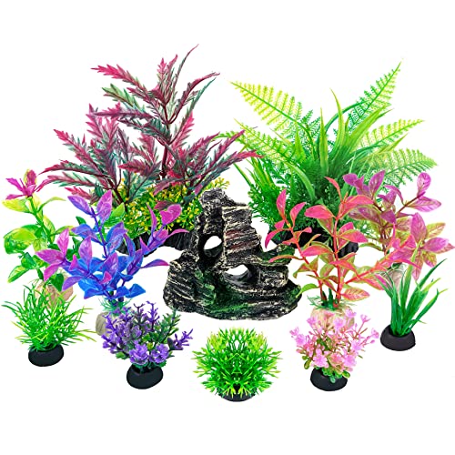 Ameliade Fish Tank Decorations Aquarium Artificial Plastic Plants & Cave Rock Decor Set, Goldfish Turtle Betta Fish Tank Accessories Small Large Aquarium Decorations Kit (12 Pieces)