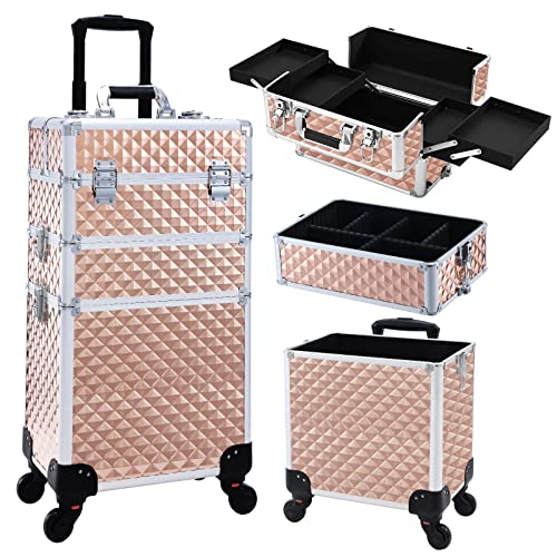 FRENESSA 3 in 1 Rolling Makeup Train Case Professional Cosmetic Trolley Large Storage for Beauticians, Hairstylists, Nail Tech Students with Swivel Wheels Salon Barber Case Traveling Cart Trunk, Rose