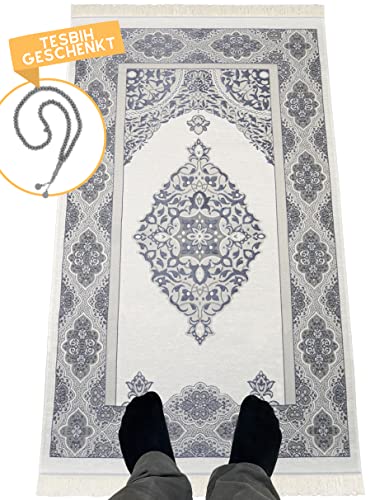 Imanpaper® - Gebetsteppich Islam Tesbih blau I Extra dünn zum Mitnehmen I Platzsparend Geschenk für konvertierte Muslime 1,20 x 0,70m | Namazlik Seccade Salah Sejadah Islamic Prayer Rug