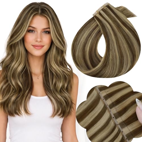 Image of Full Shine Butterfly Weft Hair Extensions, 16 Inch 50G Human Hair | Brown Highlights Blonde, Medium Length Straight Hair, Double Side Weft, Seamless Micro Bead, Invisible PU Holes, Natural Look