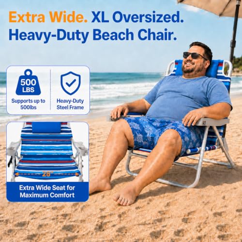 Image of SUNNYFEEL XL 28 inch Extra Wide Beach Chair for Adults,Low Backpack Beach Chair | 5-Position Lay Flat Reclining, 500 lb Heavy Duty Folding Chair with Pillow & Cup Holder, Darkblue Stripe