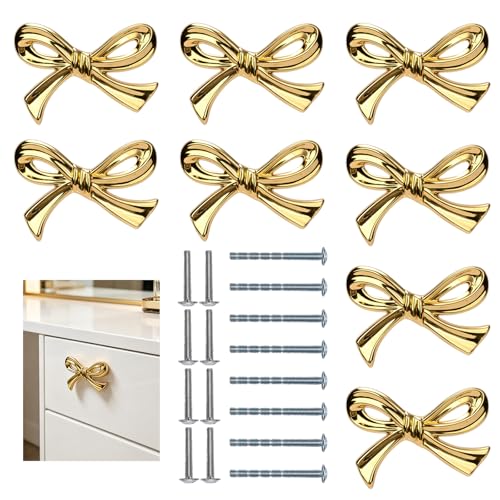 GLECTG 8Pcs Gold Bow Knobs for Dresser Bow Drawer Knobs Nice Bow Knobs Drawer Handles Bow Shape Decorative Hardware for Desk Wardrobe TV Cabinet and Bookcase Adds a Touch to Home Furniture