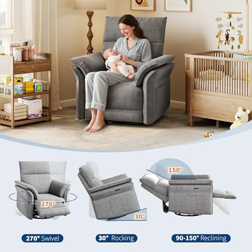 Image of Garvee Power Recliner Glider Chair with Smooth Swivel and Rocking Motion Adjustable Recline USB Charging Port Premium Chenille Fabric and Double Armrests for Living Room and Nursery
