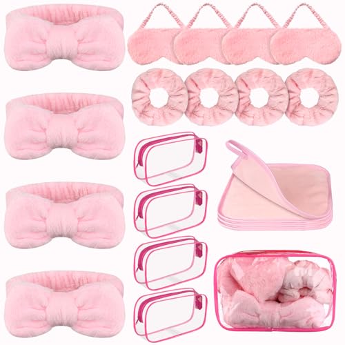 Lot de 20 accessoires de fête spa pour filles - Bandeau facial à 4 nœuds, 4 masques de sommeil en peluche rose, 4 chouchous en velours, 4 chiffons...