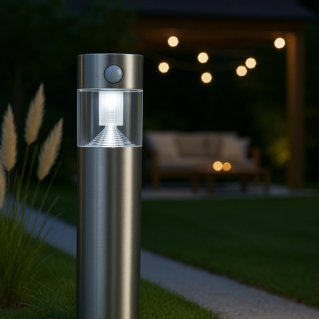 MeLiTec Solar Gartenleuchte mit Bewegungsmelder & Dämmerungssensor – Edelstahl Wegeleuchte, Außen, IP44 – Solarlampe kaltweiß