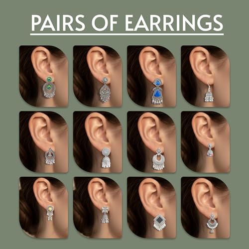 Image of Ishq E Jhumka Oxidized Metal Designer Earring Set of 12 with Folding Jewelry Box | Minimalist & Traditional Jhumka Set for Womens & Girls