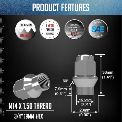 Image of Wheel Accessories Parts 24 Pcs M14x1.50 Thread ET Bulge Acorn 1.42 inch Long Lug Nuts Chrome 3 /4 inch 19mm Hex Fits Silverado 1500 GMC 1500 F-150 RAM 1500 Toyota Tacoma (for use with Wheels Spacers)