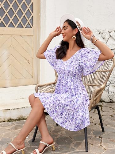 Image of UEAL Womens Cute Floral Smocked V Neck Flutter Sleeve Sundress with Pockets Casual Spring Summer Dresses for Women 2026