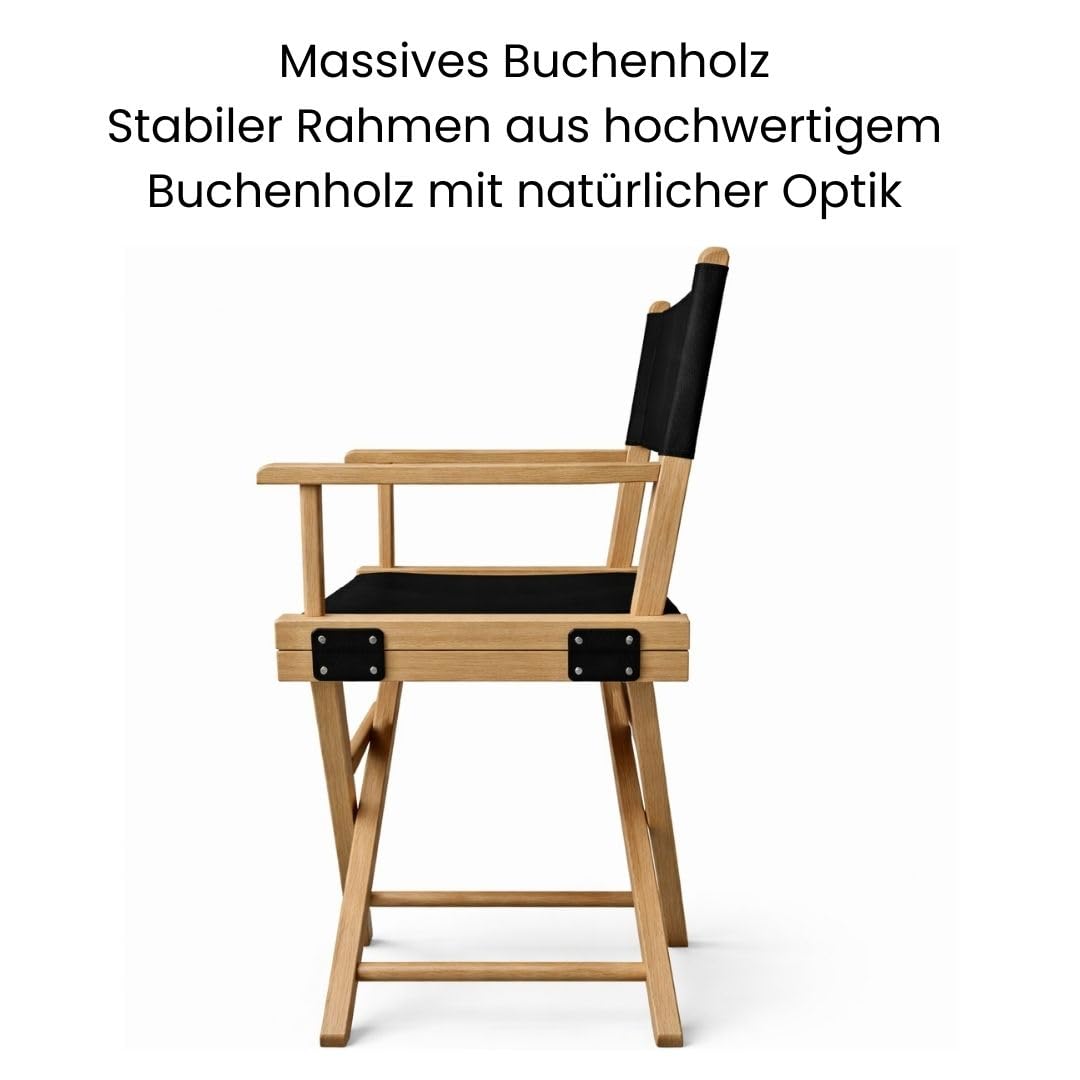 Regiestuhl aus Buchenholz mit transparenter Lasur – Klappbarer Regiesessel mit schwarzem Stoffbezug – Holzstuhl Klappstuhl Campingstuhl leicht & platzsparend für Garten Balkon Camping