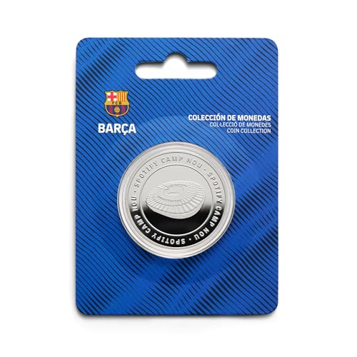 MOCIWORLD   FC Barcelona   Moneda edición Especial con Escudo y Grabado del Estadio Spotify Camp NOU   Coleccionable   Plateada   Producto Oficial