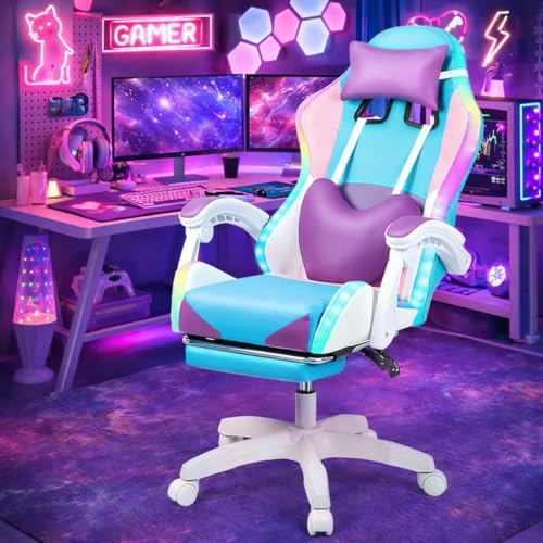 Wilitto Girl Gaming Chair, Gamer Chair for Girls LED Light,