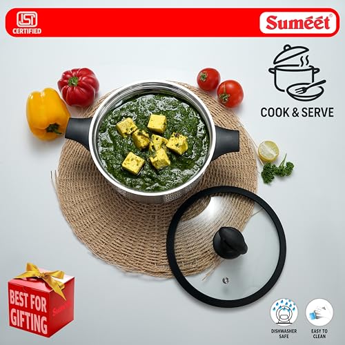 Image of Sumeet ISI Certified Stainless Steel Cook & Serve Designer Shallow Biryani Pot /Casserole with Glass Lid |Induction and Gas Compatible | Capacity - 2300ml -Dia - 21cm, Silver