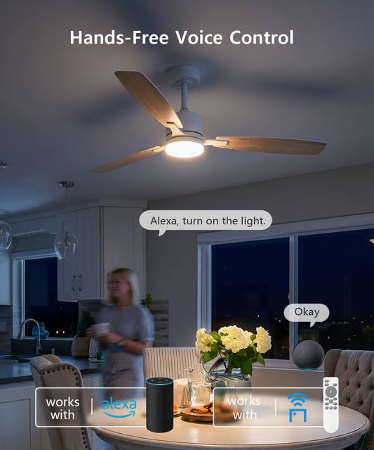 LJX Smart Deckenventilator mit Beleuchtung, kompatibel mit Alexa, 130cm Deckenventilator mit Licht, Leise DC-Motor, Timer Dimmbar CCT, Reversibel für Wohnzimmer Schlafzimmer,Weiß