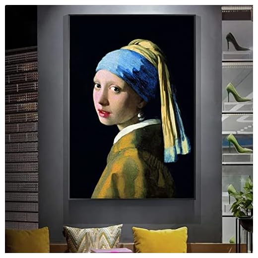 Handmålad oljemålning på duk, icke-inramad flickan med ett pärlörhänge av Jan Vermeer reproduktioner kanvas målning porträtt väggkonst bild för vardagsrumsdekor, som visas, 90 x 135 cm (36 x 54 tum)