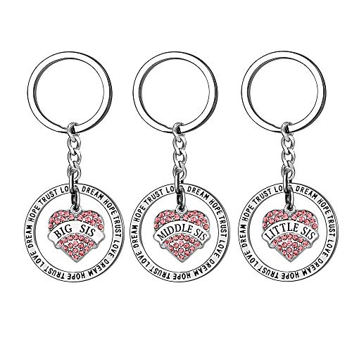 Kenyg 3 Pcs Set Pink Color Crystal Rhinestone Big Sis Middle Sis Little Sis Key Ring Key Chain For Sister Bff Birthday Christmas Gifts #TOP28
