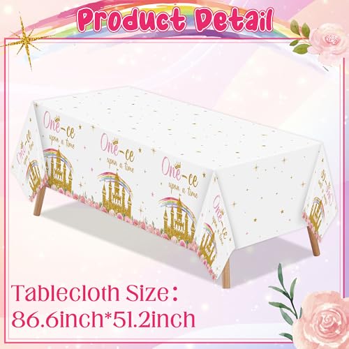 Image of K1tpde Princess 1st Party Tablecloth - 3PCS One-ce Upon A Time Birthday Plastic Tablecloth for Girls, Princess Castle Party Floral Disposable Tablecover for Baby Shower Castle Fairytale Party Supplies