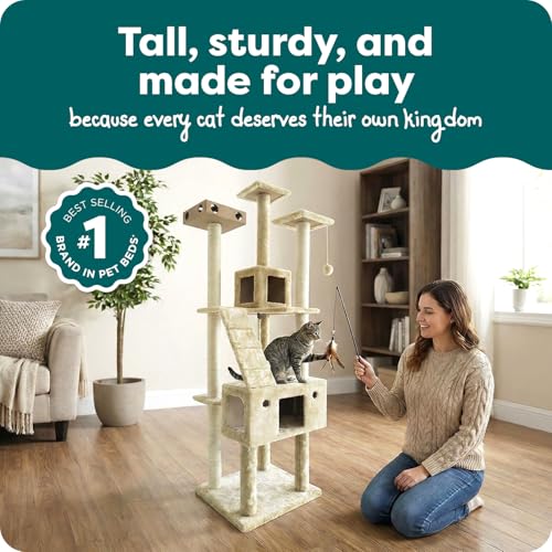 Image of FurHaven 69.3 inch Tall Cat Scratching Post Tower for Indoor Cats, Sisal Cat Tree with 2 Condos, Tiger Tough Double Decker Playground, Toys & Perches for Cats, Sisal, Cream