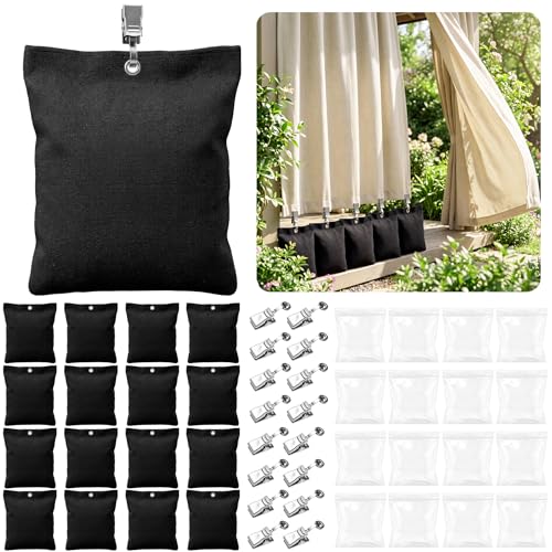 Fnova 16 Pack Outdoor Curtain Weights 15oz Curtain Weights Bags Drapery Bottom Windproof Weighted Sandbag with Sealed Bags & Clips Patio Curtains Gazebo Tablecloths (Only Bags) Black