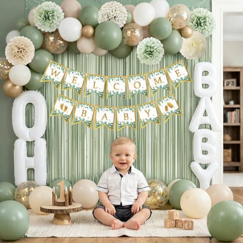 Party Sage Green Baby Shower Decorations for Baby, Green Balloons with WELCOME BABY Banner Paper Flower Fringe Curtains Foil Balloons for Boho Baby Shower Birthday Gender Reveal Party Supplies by Yzimoge - Used condition - Image 5