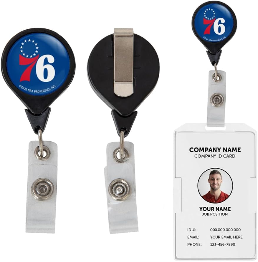 Desert Cactus Philadelphia 76ers Retractable Badge Holder Philly NBA ID Reel with Ticket Clip for Lanyard, Work, School & Office Access (Design A)