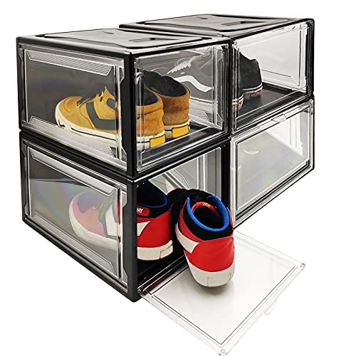 Shoe Box - Boot & Shoe Boxes - Shoe Organizer Box XL Shoe Storage Box Size13 Stackable Shoes Storage Organizer Bins Closet Storage Bins - 4Pack Black