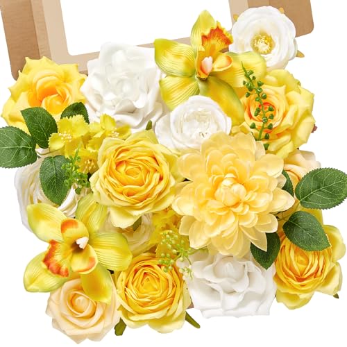 Alecono Yellow Artificial Flowers, Silk Fake Roses Floral Set
