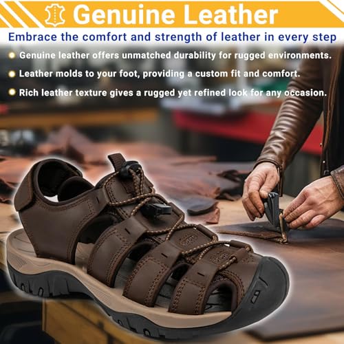 Mens Hiking Sandals Closed Toe Walking Sport Leather Summer Outdoor Beach Comfortable Waterproof Athletic Trail River Fishing Fisherman Coffee Brown2