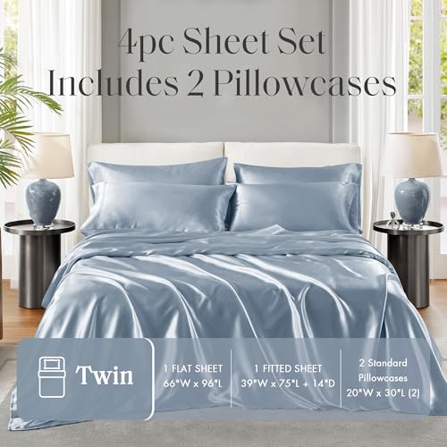 Image of Madison Park Essentials Satin Sheets Twin Size Bed Set, 4 Piece, Blue | Luxury and Smooth Silky Bedding with Natural Sheen, All Around Elastic 14 inch Pocket fits up to 16 inch Mattress, Year-Round Cozy