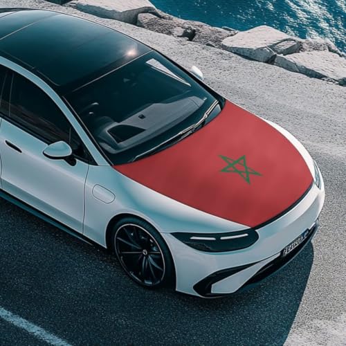 Image of Morocco Flag Print Car Hood Cover Elastic Polyester Car Hood Protector Auto Patriotic Decorations Waterproof Sunproof Automotive Exterior Accessories for Sports Events and Outdoor Use