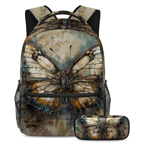 Ensemble de 2 cartables pour enfants sac à dos grande capacité et trousse à crayons papillon