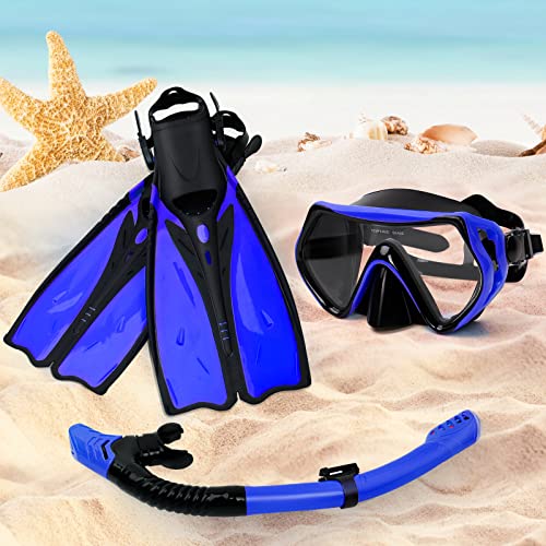 Snorkel Set For Adults Snorkeling Packages Gear For Men Adjustable Long Scuba Fins/Flippers + Panoramic View Anti-Leak Diving Mask + Dry Top Snorkel (Blue, L/Xl : (Us Men:10-13;Us Women:11-14)) #TOP5