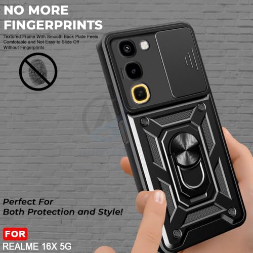 Image of AESTMO Tough Armor Realme 16X 5G Bumper Back Case Cover | Ring Holder & Sliding Camera Shield Cover | 360 Degree Protection Back Case Cover for Realme 16X 5G (Black)