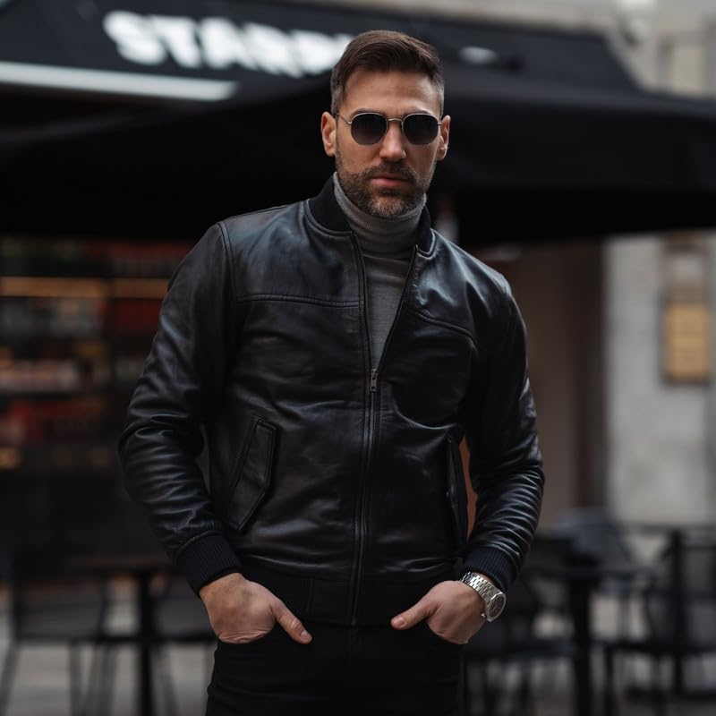 Men's Leather Varsity Jacket - Black Leather Bomber Jacket for Men4