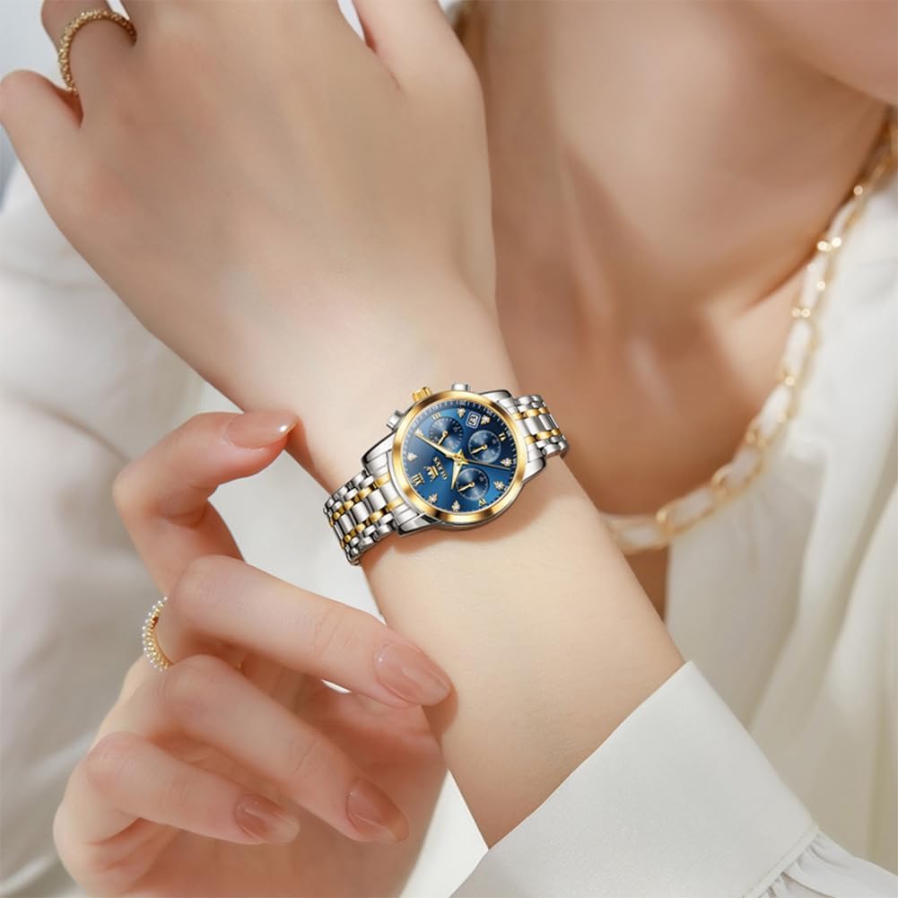 OLEVS Women Watch Multifunctional Two Tone Watch Fashion Business Analog Quartz Ladies Watch Stainless Steel Waterproof Diamond Watch for Women - Image 3