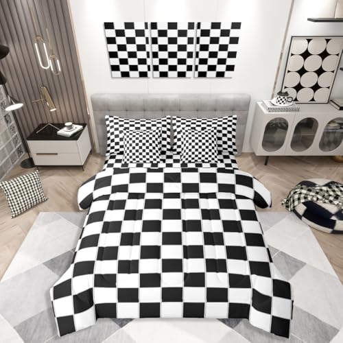 Image of Erosebridal 7 Piece Black Grid Full Comforter Set with Sheets Black and White Checkered Bedding Set Reversible Farmhouse Buffalo Plaid Bed in A Bag for Kids Boys Teen Bedroom,Gingham Bed Sets